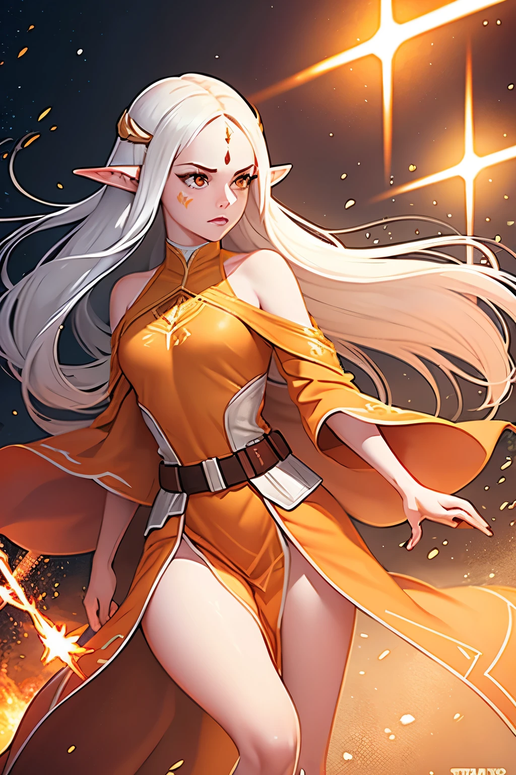 star wars clone wars, young woman, elven woman, pointed ears, pale orange skin, peach skin, red face tattoos, knee-length hair, white hair, orange eyes, white and gold robes, senator, regal, very beautiful, very detailed, high graphics, best graphics