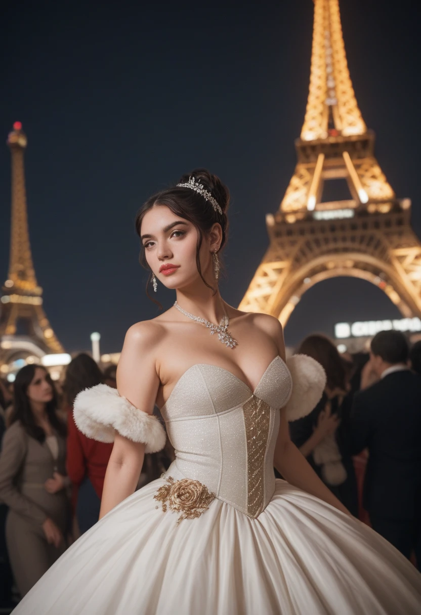 award-winning professional and realistic photo of the Empress of Europe, genetic perfection, flawless European beauty, European propaganda, European iconography, elegant regal outfit, gloves, striking features, authoritarian, beautiful European landscape in background, diamond choker, full-body photo, detailed textures, sharp focus, ultra-high pixel detail, 16k RAW footage, masterpiece