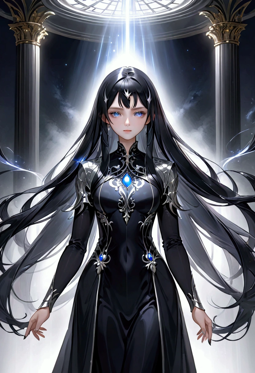 Girl, very long black hair with silver highlight, dark onyx eyes, black aura, noble lady, 