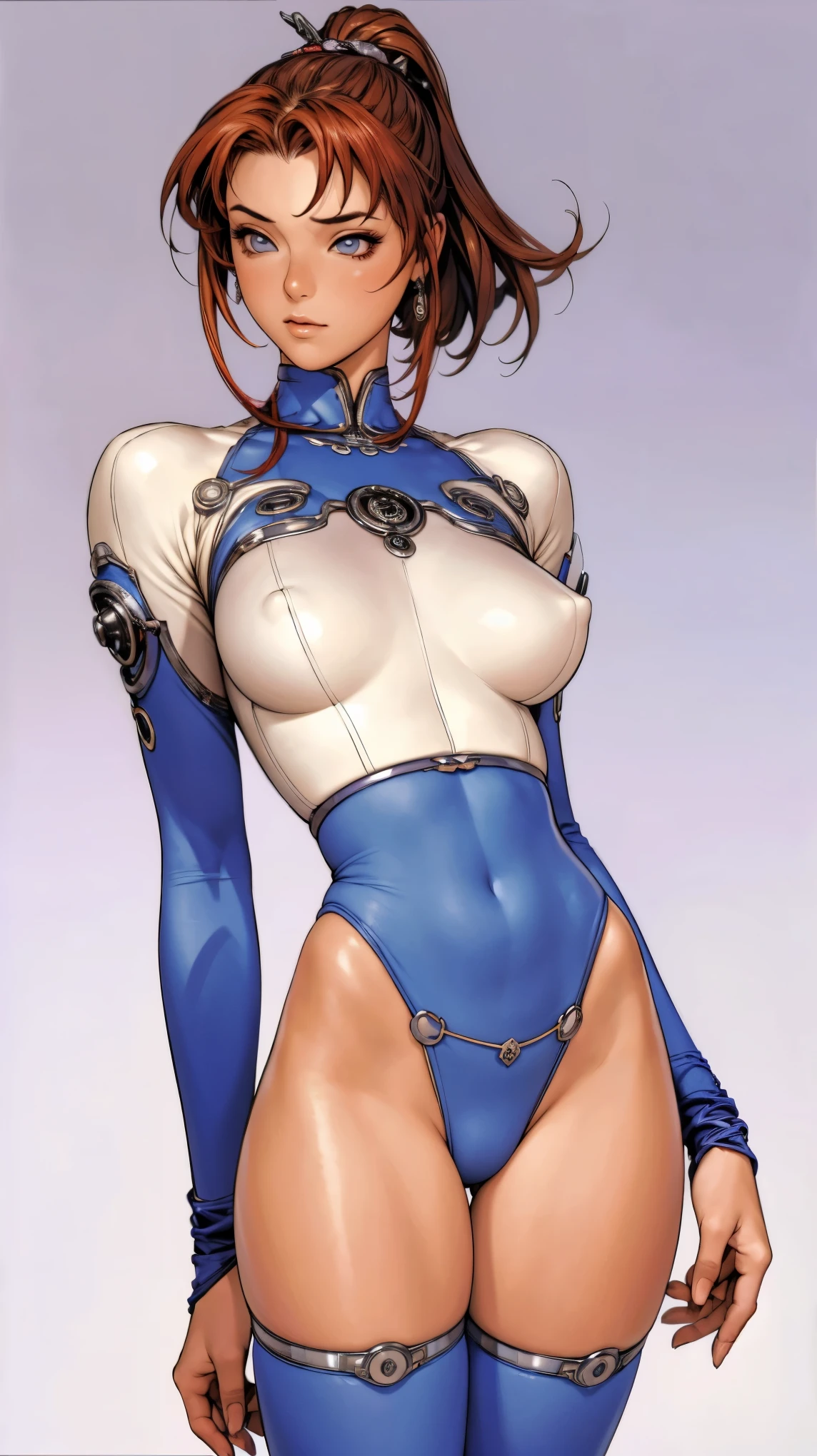 ((work of art, highest quallity; 1.3)), super quality, Beautiful Detail, super verbose, extra Fine, 16K, exotic, absurdrez, high resolution, beautiful background, detailed back ground, gorgeous eyes, beautiful fur, anime styling, Kay do Dirty Pair em uma roupa branca, skin-tight outfit, neckleace, thick redhead beauty, very light blue uniform, wearing tight clothes, shy, (middle of the chest: 1.2), neckleace, neckleace, Waist slender , Waist slender, fine thighs, fine legs, fine legs. tight slit, showing stomach, skinny, Slim Hips, cyberpunk city background, holding a retro space gun , headband,