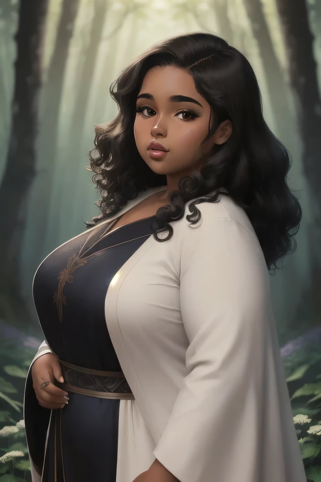 Anime illustration semi-realism of brown skin latina girl, 25 year old, plus size, curvy, overweight, black round eyes, black curly hair, full lips, sleek design, brown skin, sideswept hairstyle, round face, fantasy mage blue outfit robes, flower detail on clothing, flower forest background, dynamic light,