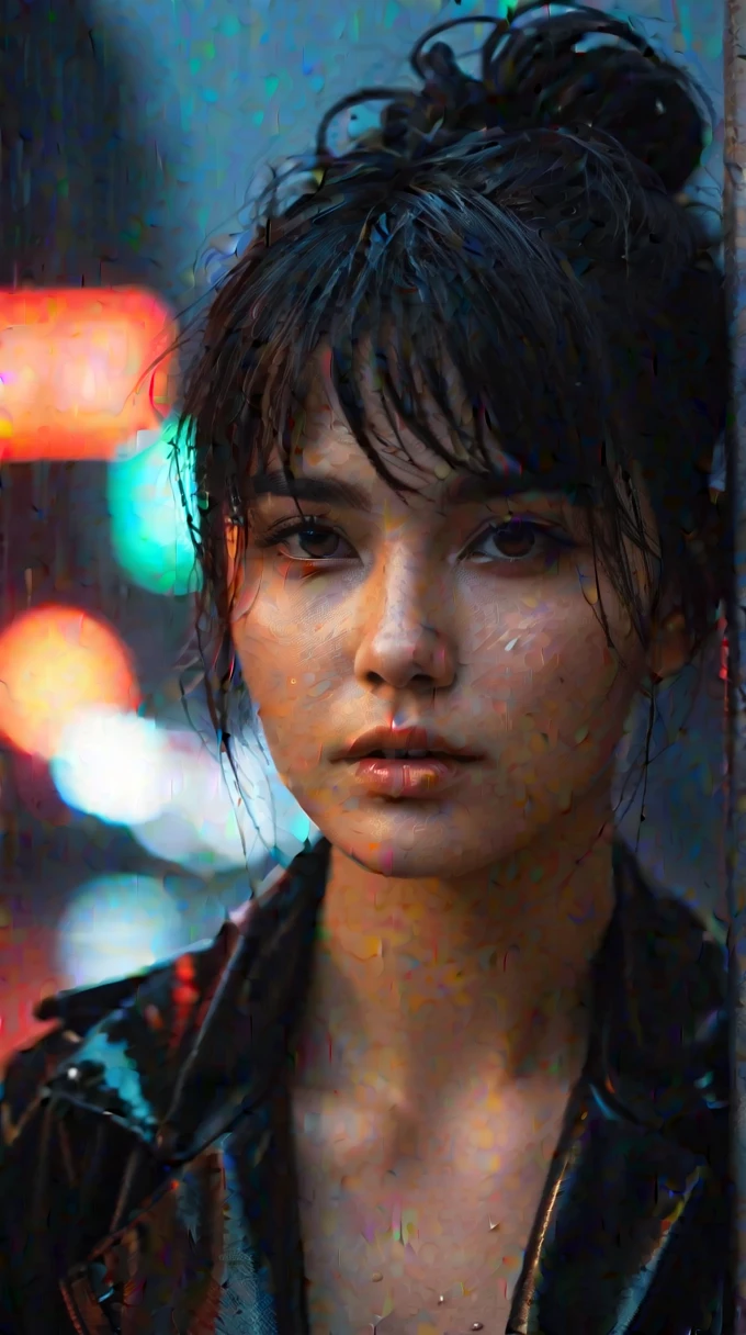 City street, neon, fog, rain, volume, Close-up portrait photo of a young woman in dark clothes, (dirty hair:0.3),  , (shot from a distance), (Dirty body:1.6), indifferent, (body sweat), (wet body), mother, depth of field, (fabulous:1.2), detailed face, dark theme, night, soothing tones, muted colors, black hair, high contrast, (Natural skin texture, hyperrealism, soft light, spicy),