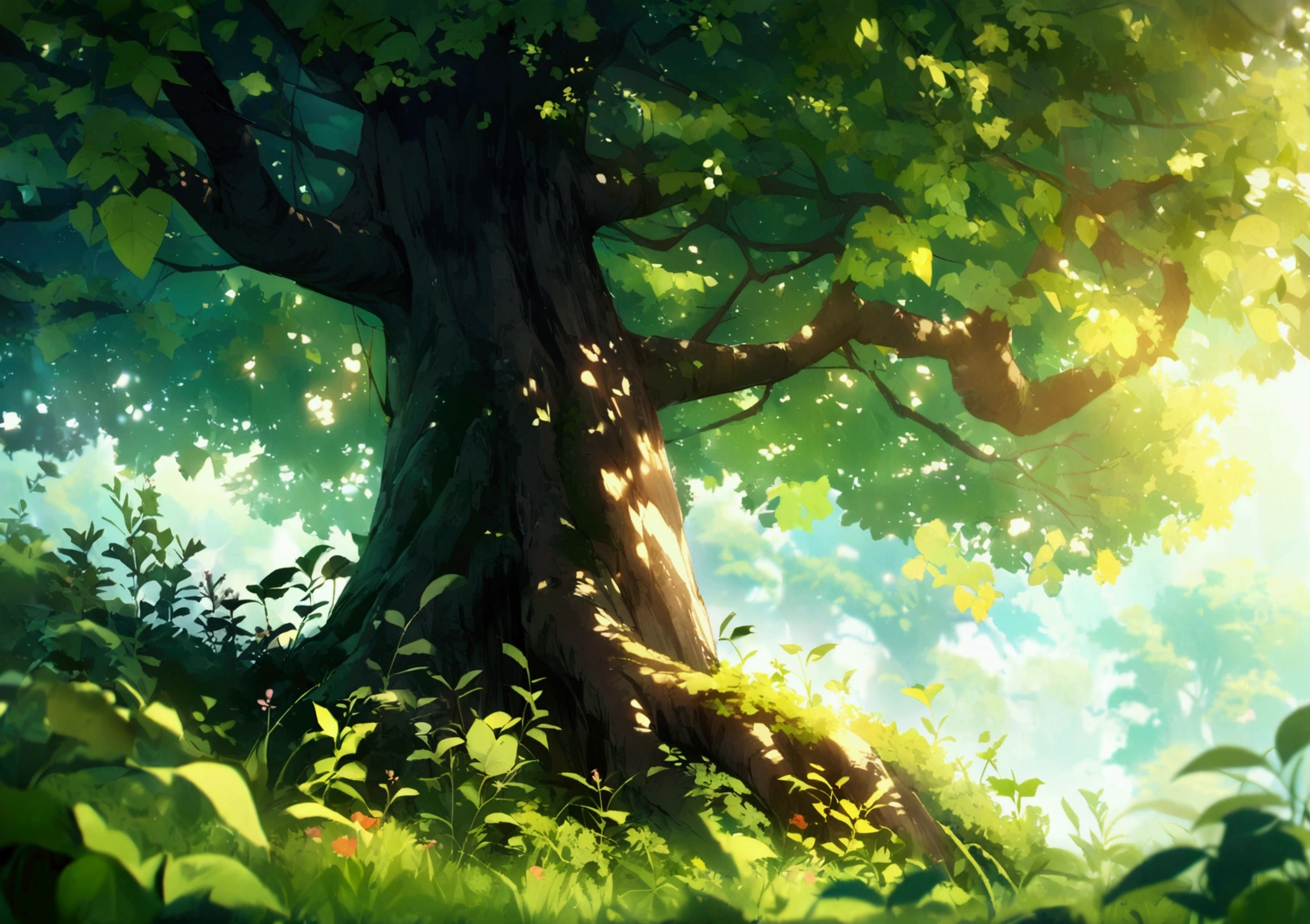 anime forest with trees and bushes close up have a huge tree green leaves