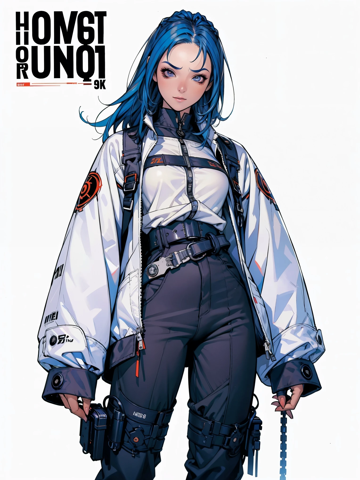 (((best qualityer))), (((manga strokes))), (((blue hair with red highlights))), uma Kizi jovem muito bem vestida com roupas modernas de inverno, pants with red and black zig-zag pattern, top gift vertical stripes, short jacket with dark fur collar, beautiful and expressive face, slightly-smile, big eyes with long black eyelashes, heavy make-up, chains and zippers spread across clothes, contrasting colours, pose de atitude, hair with a modern and futuristic cut, urban game poster art, dramatic camera angles, graffiti art elements in the background, design mixing contemporary and retro by Shepard Fairey, (((cowboy shot))), (((best qualityer: 1.4))), (Unbeatable masterpiece), (hiper HD),(CG 8k hyper-realistic), Kizi, (((standing alone))), pirralha violent, (((14歳))), sexly, pose de atitude, work of art, post-apocalypse, (((manga style))), bounty hunter, violent, Manic, the way you want, slenderbody, thin but strong, perfectbody, roupa moderna, advanced technology, neon, sleeves with vertical striped pattern, neutral background, (( cowboy shot )). intricate visual