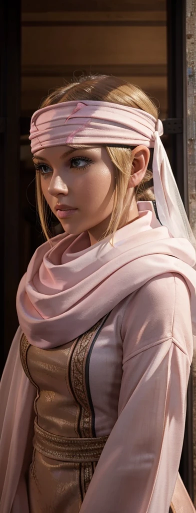 masterpiece), best quality, high resolution blonde 1girl bob cut medium hair standing alone cowl headband profile image looking at viewer beautiful eyes beautiful face extremely detailed pink clothing girly
