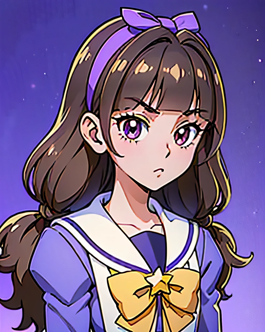 1 girl, (solo), ((amanogawaki)), best quality, highres, high quality, 8k, HD, super detail, anatomically correct, UHD, accurate, (masterpiece:1.0), (high quality:1.0), (ultra detailed), (Yellow Star and Purple Background), ((Adult:1.2)), yellow hairband, school uniform, long sleeves, bowtie, cartoon_portrait