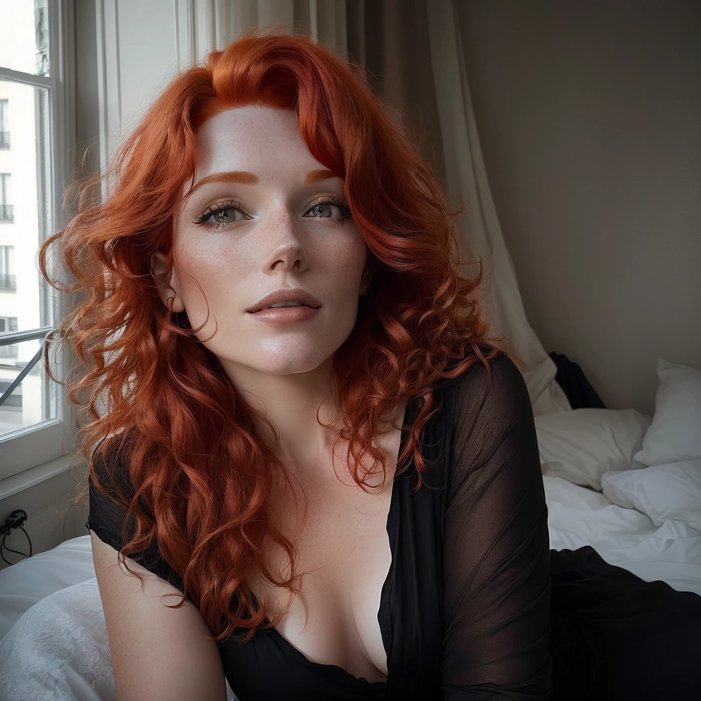 there is a woman with red hair sitting on a bed, 30-year-old french woman, redhead woman, redhead, ginger wavy hair, flowing ginger hair, photo of a beautiful woman, beautiful redhead woman, sexy look at the camera, red head, redhead girl, smooth red skin, portrait of a 40 years old women, portrait of a red haired woman