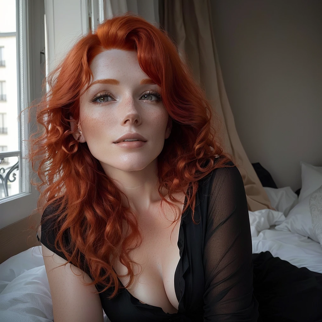 there is a woman with red hair sitting on a bed, 30-year-old french woman, redhead woman, redhead, ginger wavy hair, flowing ginger hair, photo of a beautiful woman, beautiful redhead woman, sexy look at the camera, red head, redhead girl, smooth red skin, portrait of a 40 years old women, portrait of a red haired woman