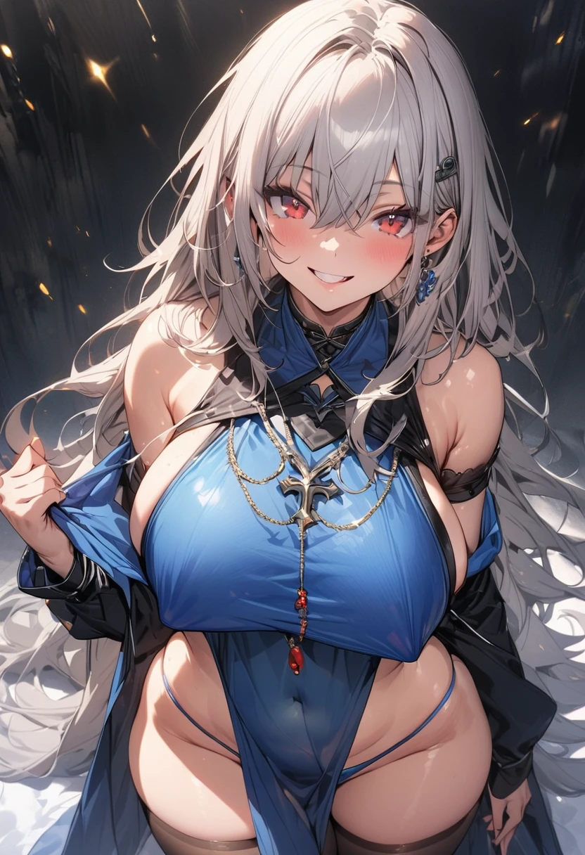 (masterpiece),(best quality),(ultra-detailed),(best illustration),(best shadow),(absurdres),(detailed background),(very aesthetic), Swordmaster, long hair, gray hair, red eyes, perfect face, blue_armor, ((exposed arm)), blue_ornaments, blue_tabard, ?????, belt, ((big ????)), exposed belly, smiling, 1girl, legs exposed, strikes, Perfect face, thick thighs, ,add_detail:1, add_detail:0, add_detail:0.5, short skirt, pantyhose,
