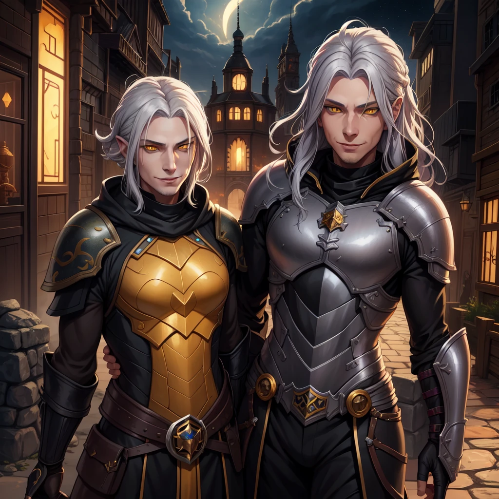 26 year old man, silver hair, yellow eyes, mischievous smile, black clothes, style in the universe of Baldur's Gate 3, Digital painting brings this stunning characters to life, ,8k resolution,