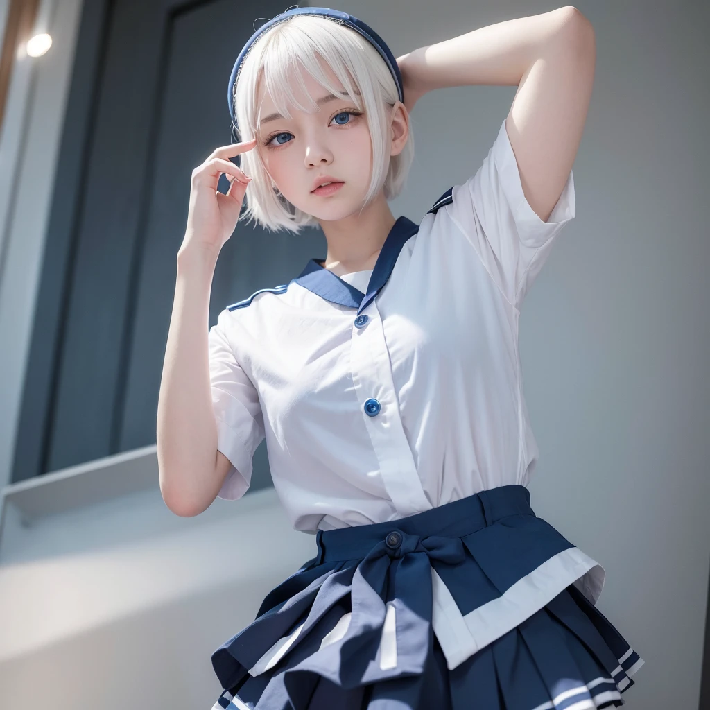 Girl with straight and short white hair, blue colored eyes, sailor uniform with white fine fabric shirt and blue pleated skirt,fully body , High definition image .