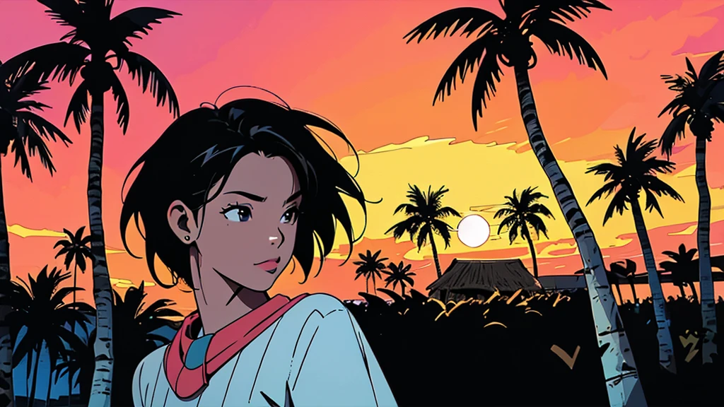 Man DJ playing in a thatched roof bar with several women, Miami, sunset, palm tree, 90s, (flat colors, flat texture, lineart:1.2), graphic design, (heavy ink, black ink)