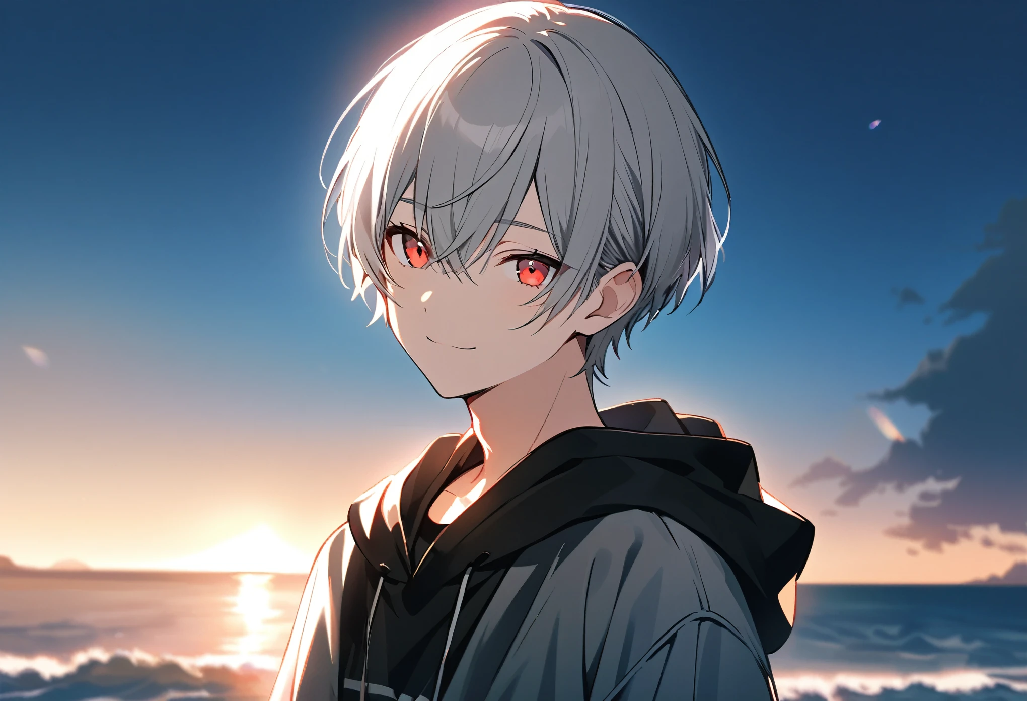 good looking, alone, 1 male, Gray Hair, Red eyes, Black Shirt, Black and white hooded, White Light,Cute eyes,Short hairstyle,A cute boy,summer,looking at the camera,smile,Bright sky
