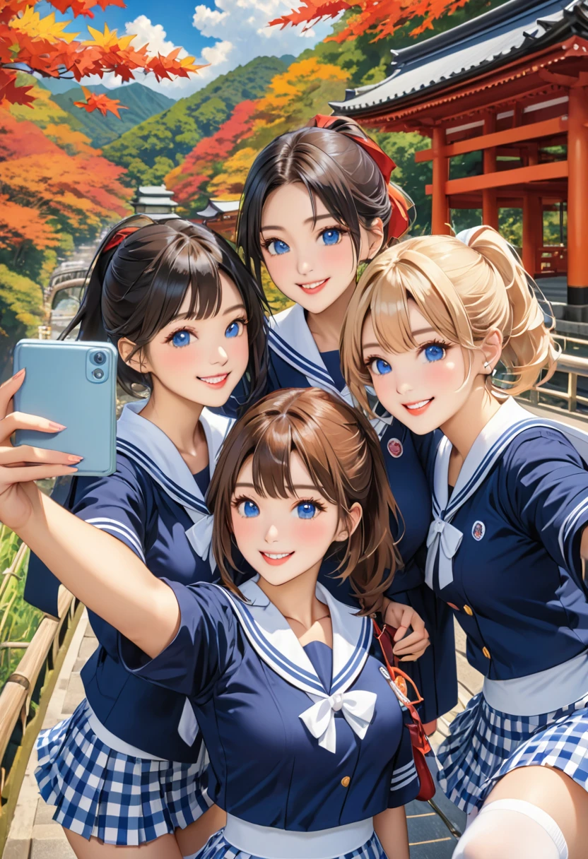 Highest quality、High resolution、Detailed Background、(Beautiful face in every detail:1.4)、Normal number of fingers、Highly detailed face、Detailed eyes、Teenage beauty、Huge breasts、Perfect body line、Light color hair、Bobcut、ponytail、Wavy Hairstyle、well-groomed eyebrows、Navy blue sailor suit、White sailor collar、Checkered pleated skirt、White Stockings、School trip、Natural beauty、historical charm、A big smile、smile、Kyoto、Arashiyama、
(Three girls taking a selfie with a famous spot in the background:1.5)、
ArashiyamaはKyotoの西山に位置する観光地で四季折々It is a popular spot where you can enjoy the view of、
Bamboo forest paths and temples、There are many beautiful sights, including the Togetsukyo Bridge, and it is especially famous during the autumn foliage season.、cute