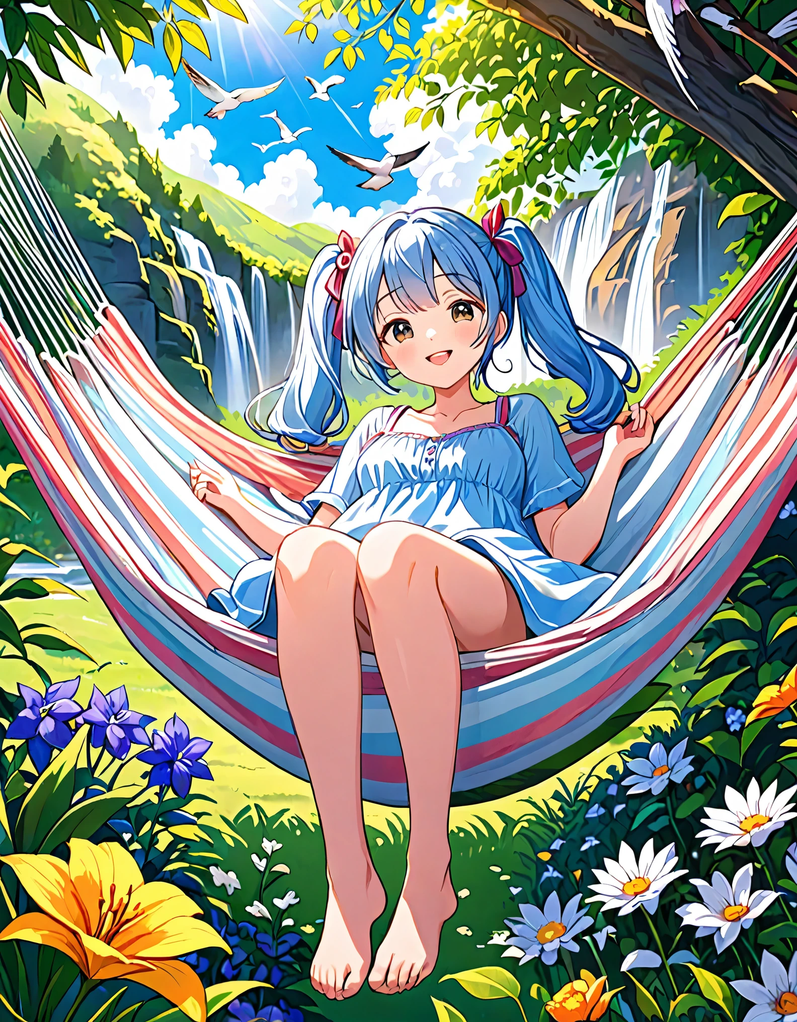 Girl lying in a comfortable hammock in a colorful garden,Light blue long hair、Beautiful girl with twin tails、Adorable smile、Relaxing in a hammock from the top of a mountain looking out over the valley below、,A soft breeze gently rustles the flowers and grass around her.,Relaxed atmosphere,Surrounded by lush greenery,Natural Beauty,Peaceful and serene,Feeling totally relaxed and carefree [Beautiful attention to detail,Beautiful lip detail],Wearing a loose summer dress,Immerse yourself in a fascinating book,background,A small waterfall flows slowly,Laid-back clouds floating in the clear blue sky,Birds chirping happily,Creating a harmonious melody,Evokes a sense of peace and calm,Artistic and dreamy landscapes,masterpiece:1.2,High resolution,Very detailed,Realistic,Studio Lighting,Vibrant colors,Soft and warm color palette
