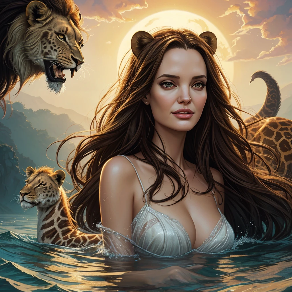 golden hour, front view oil painting of a woman with face of Winona Ryder morphed with Angelina Jolie laughing with gigantic hairdo floating on water, giraffe morphed with lion emerges from water in the background, tears of joy, storks, stunning digital illustration, beautiful fantasy art portrait, a beautiful artwork illustration, charlie bowater rich deep colors, artstyle tom bagshaw, beautiful digital illustration, beautiful fantasy portrait, portrait of a dark fantasy nymph, exquisite digital illustration, in style of anna dittmann