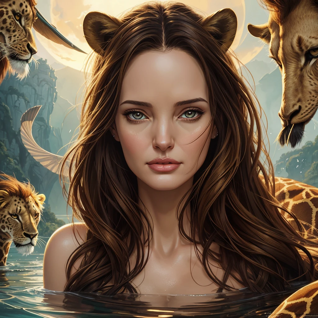golden hour, front view oil painting of a woman with face of Winona Ryder morphed with Angelina Jolie laughing with gigantic hairdo floating on water, giraffe morphed with lion emerges from water in the background, tears of joy, storks, stunning digital illustration, beautiful fantasy art portrait, a beautiful artwork illustration, charlie bowater rich deep colors, artstyle tom bagshaw, beautiful digital illustration, beautiful fantasy portrait, portrait of a dark fantasy nymph, exquisite digital illustration, in style of anna dittmann