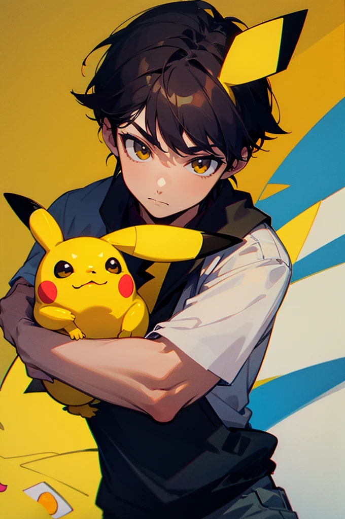 guy with dark hair holds a yellow Pikachu in his hands