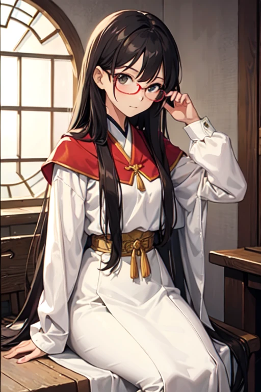 Cute Asian girl with glasses and long hair in medieval clothing, no smile
