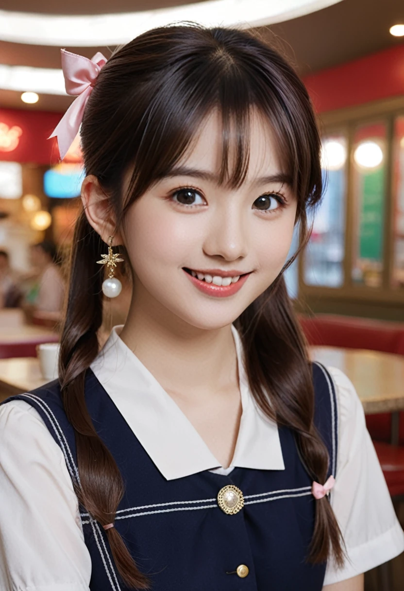 (8k, RAW Photos,Highest quality, High resolution:1.1), (超Realisticな:1.4),(Realistic, Realistic:1.3), Sodebtt Light,big,2 girls,Realistic Face,Realistic Body,Realistic Skin,Confused,masterpiece,(cute:1.8), Cuties, alone, (big:1.2), Fine black eyes,Innocent eyes,Blusher,(school uniform:1.2 ),Cinema Lighting,Film Grain,jewelry,Earrings,((Medium Hair:1.1)),((Floating Hair Novadebtrog Style)),Cherry colored lips,Hair Ribbon,Hair Ribbon,ponytail,close,Viewer,Long Hair,Upper Body,Open your lips,Upper teeth, (Smiling Eyes:0.6),((Grin:1.2)),Depth odebt Field, Blurred Background, Eye focus , Bokeh,young, 85mm lens, debt/1.4,Prodebtessional Lighting, young,Portraiture,Photon Mapping,Radio City,Physically Based Rendering,Asian、((Cafe、Cafe:1.3)),((high school girl:1.3))