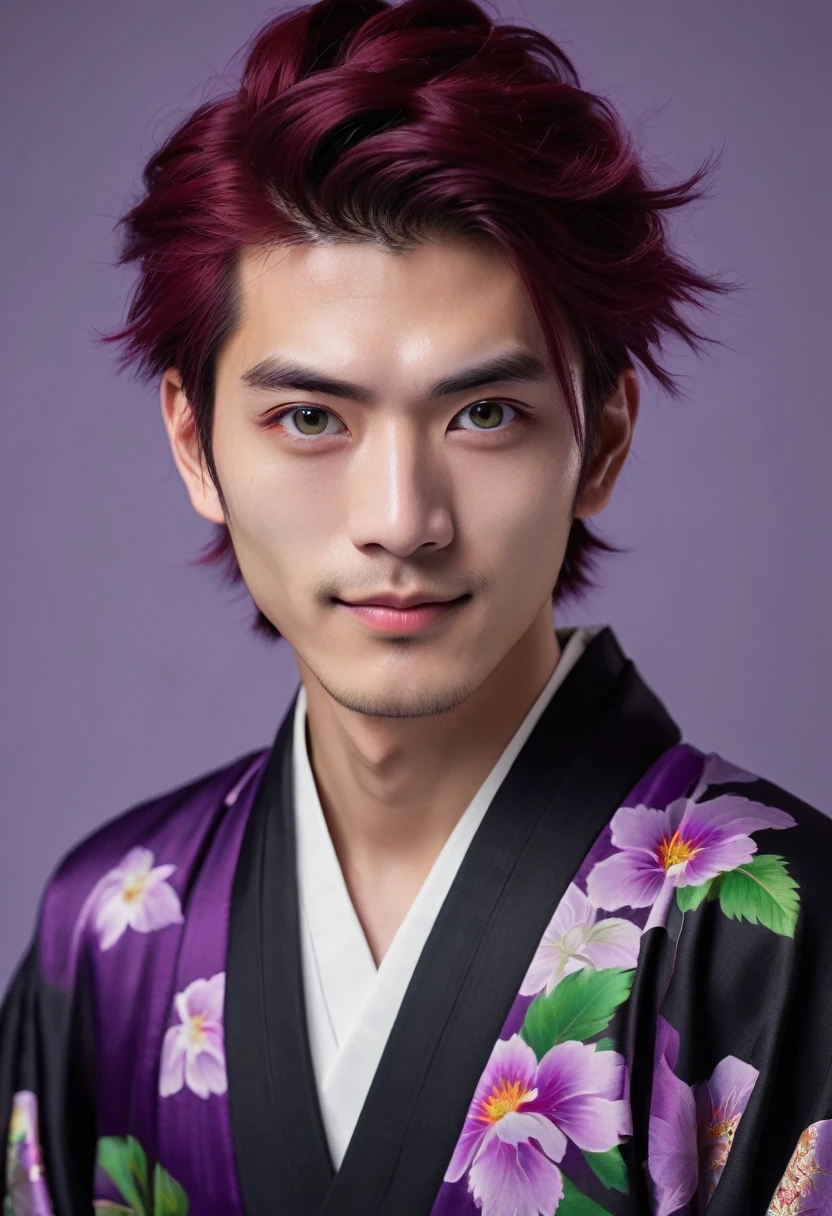 I want a young Japanese man, he has heterochromia, one eye is green and the other is purple, red hair color, and have a naughty smile, make him wearing a black and purple kimono. Um retrato realista, full hd 4k.