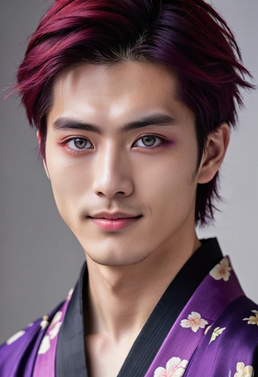 I want a young Japanese man, he has heterochromia, one eye is green and the other is purple, red hair color, and have a naughty smile, make him wearing a black and purple kimono. Um retrato realista, full hd 4k.