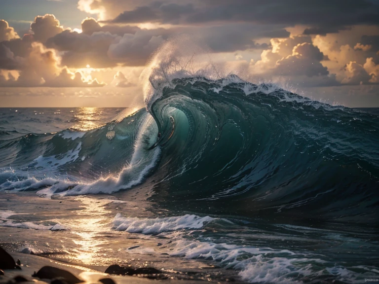 a huge crashing ocean wave, golden sunset sky, remote tropical island in the distance, dramatic lighting, (best quality,4k,8k,highres,masterpiece:1.2),ultra-detailed,(realistic,photorealistic,photo-realistic:1.37),dramatic seascape,dramatic lighting,beautiful ocean waves,stunning sunset,tropical island,remote tropical paradise,crashing wave,dramatic sky,beautiful colors,cinematic lighting,stunning realism,dramatic composition