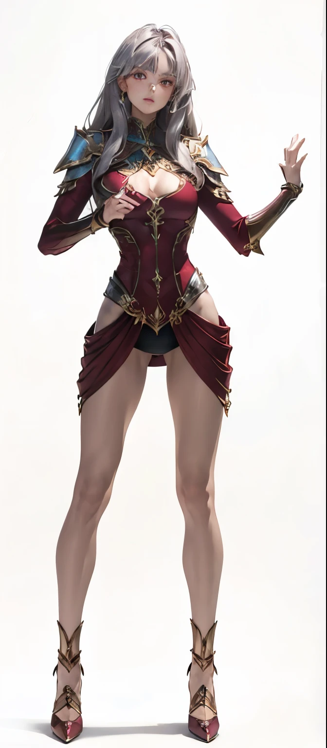 A gorgeous and stunning female warrior/hero. Beautiful and innocent looking, tall, statuesque, imposing, towering, maroon and silver outfit, Silver metal details, muscular thighs and legs, toned body, Fancy high detail combat shoes. perfect eyes, perfect lips, long fingers, supermodel. Toned fit legs slightly muscular. fantasy armor shoes. cool looking