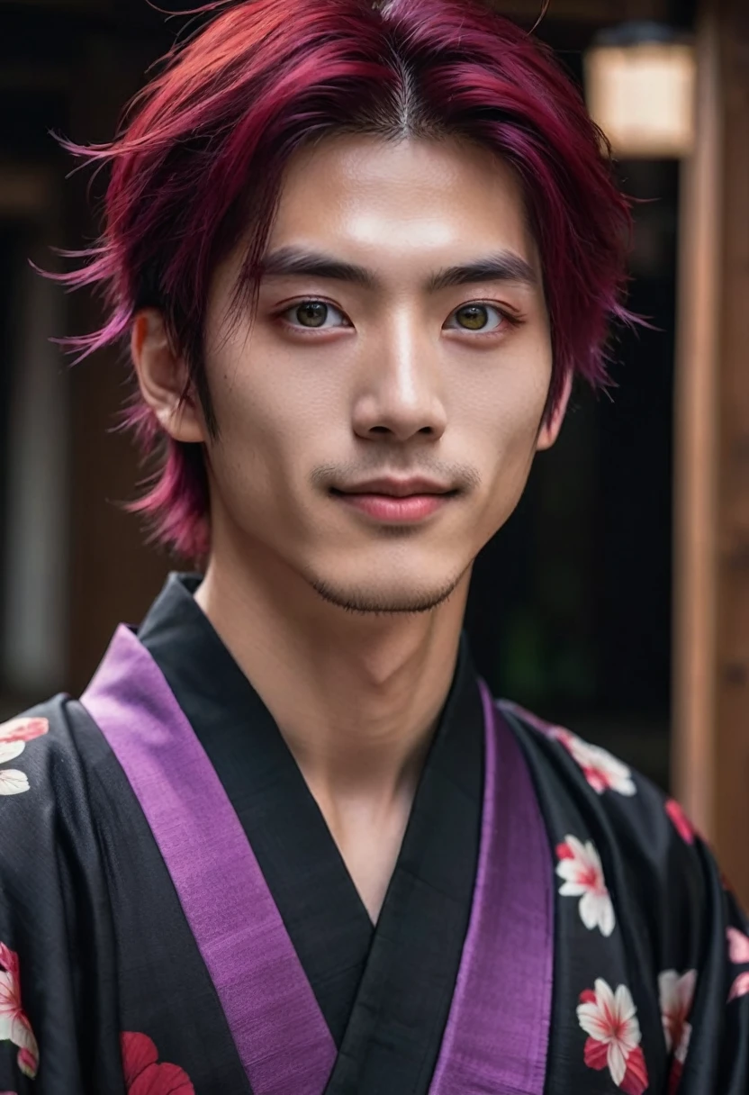 I want a young Japanese man, he has heterochromia, one eye is green and the other is purple, red hair color, and have a naughty smile, make him wearing a black and purple kimono. Um retrato realista, full hd 4k.