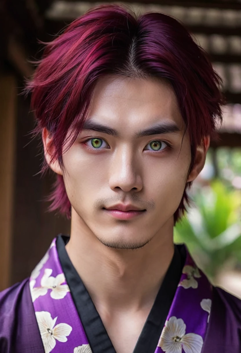 I want a young Japanese man, he has heterochromia, one eye is green and the other is purple, red hair color, and have a naughty smile, make him wearing a black and purple kimono. Um retrato realista, full hd 4k.