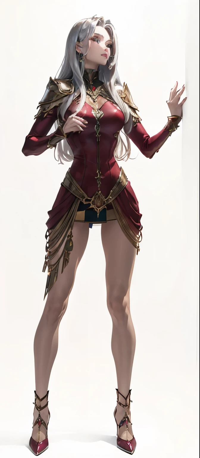 A gorgeous and stunning female warrior/hero. Beautiful and innocent looking, tall, statuesque, imposing, towering, maroon and silver outfit, Silver metal details, muscular thighs and legs, toned body,  Fancy high detail combat shoes. perfect eyes, perfect lips, long fingers,  supermodel. Toned fit legs slightly muscular.  fantasy armor shoes. cool looking
