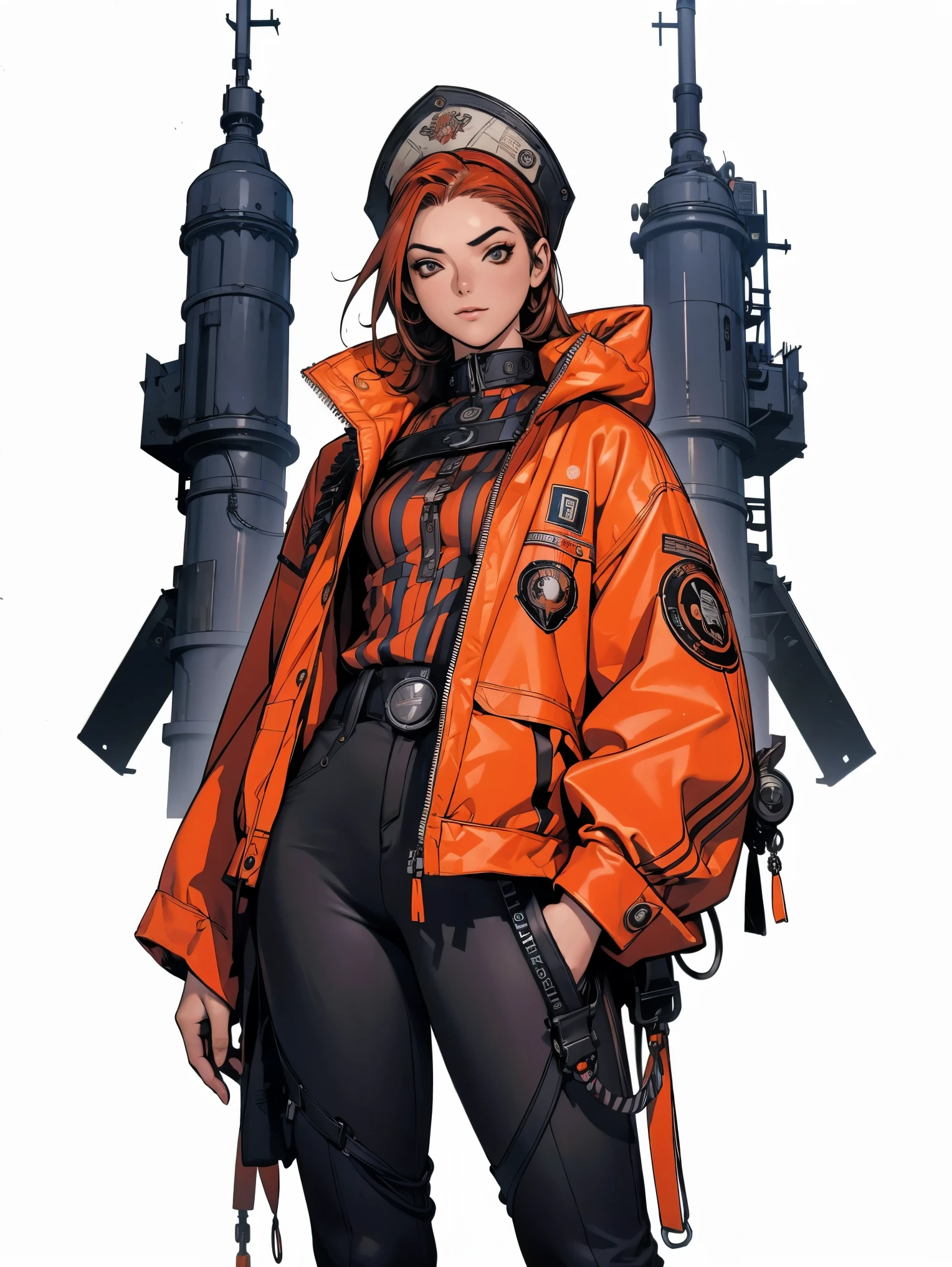 (((best qualityer))), (((manga strokes))), (((redheadwear))), uma Kizi jovem muito bem vestida com roupas modernas de inverno, pants with red and black zig-zag pattern, top gift vertical stripes, short jacket with dark fur collar, beautiful and expressive face, slightly-smile, big eyes with long black eyelashes, heavy make-up, chains and zippers spread across clothes, contrasting colours, pose de atitude, modern cut hair, urban game poster art, dramatic camera angles, graffiti art elements in the background, design mixing contemporary and retro by Shepard Fairey, (((cowboy shot))), (((best qualityer: 1.4))), (Unbeatable masterpiece), (hiper HD),(CG 8k hyper-realistic), Kizi, (((standing alone))), pirralha violent, (((14歳))), sexly, pose de atitude, work of art, post-apocalypse, (((manga style))), bounty hunter, violent, Manic, the way you want, slenderbody, thin but strong, perfectbody, roupa moderna, neon, sleeves with vertical striped pattern, (( cowboy shot )). intricate visual