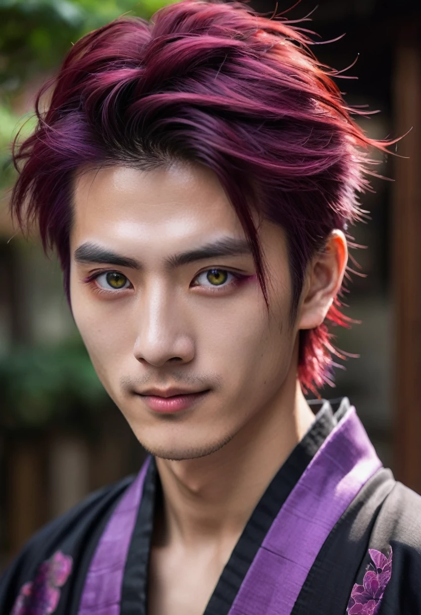 I want a young Japanese man, he has heterochromia, one eye is green and the other is purple, red hair color, and have a naughty smile, make him wearing a black and purple kimono. Um retrato realista, full hd 4k.