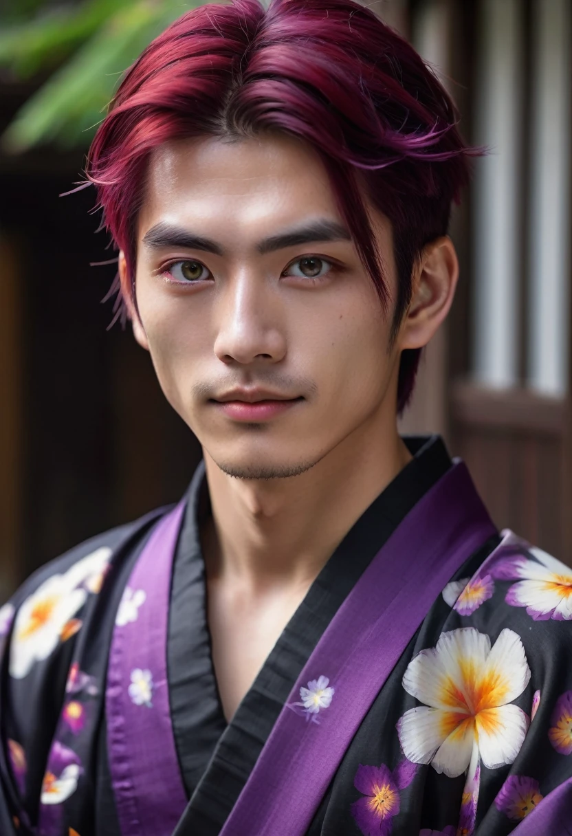I want a young Japanese man, he has heterochromia, one eye is green and the other is purple, red hair color, and have a naughty smile, make him wearing a black and purple kimono. Um retrato realista, full hd 4k.