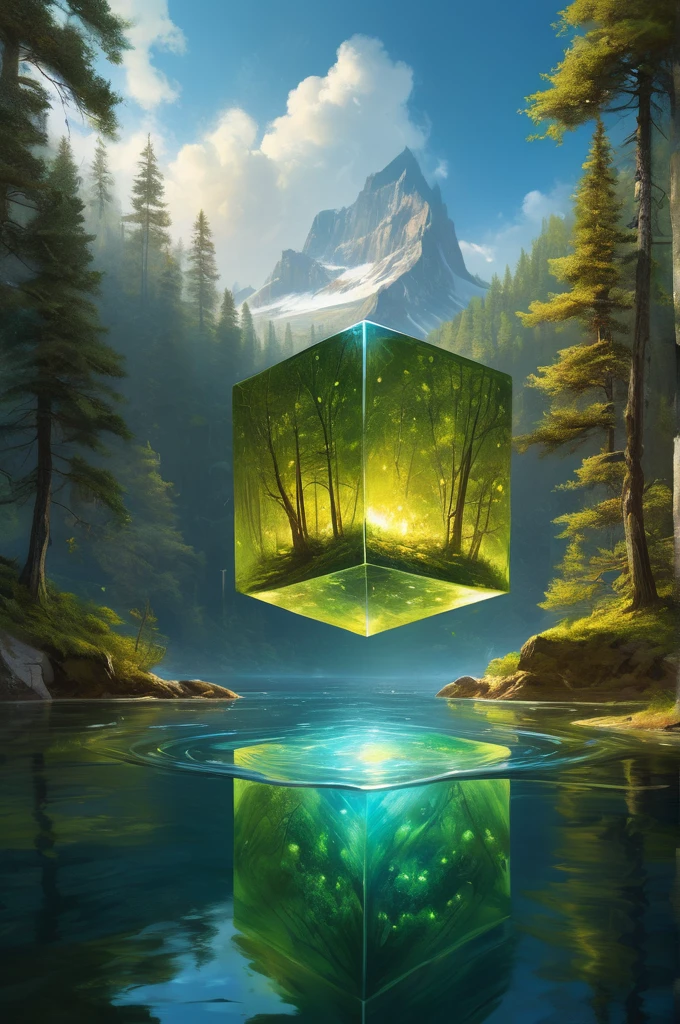 extremely detailed render, rough cube, floating, glowing elements, perfect environment, nature, oil paint by Greg Rutkowski