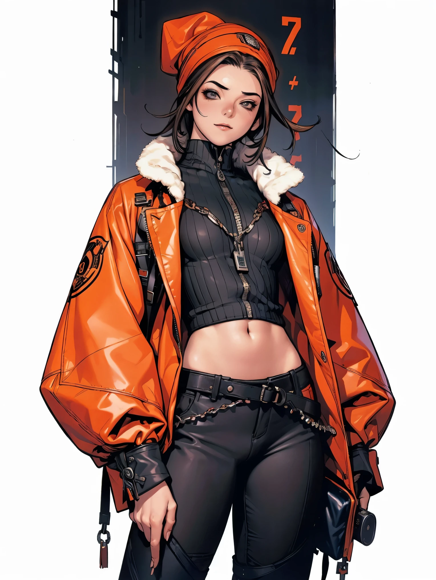 (((best qualityer))), (((manga strokes))), (((redheadwear))), uma Kizi jovem muito bem vestida com roupas modernas de inverno, pants with red and black zig-zag pattern, top gift vertical stripes, short jacket with dark fur collar, beautiful and expressive face, slightly-smile, big eyes with long black eyelashes, heavy make-up, chains and zippers spread across clothes, contrasting colours, pose de atitude, modern cut hair, urban game poster art, dramatic camera angles, graffiti art elements in the background, design mixing contemporary and retro by Shepard Fairey, (((cowboy shot))), (((best qualityer: 1.4))), (Unbeatable masterpiece), (hiper HD),(CG 8k hyper-realistic), Kizi, (((standing alone))), pirralha violent, (((14歳))), sexly, pose de atitude, work of art, post-apocalypse, (((manga style))), bounty hunter, violent, Manic, the way you want, slenderbody, thin but strong, perfectbody, roupa moderna, neon, sleeves with vertical striped pattern, (( cowboy shot )). intricate visual