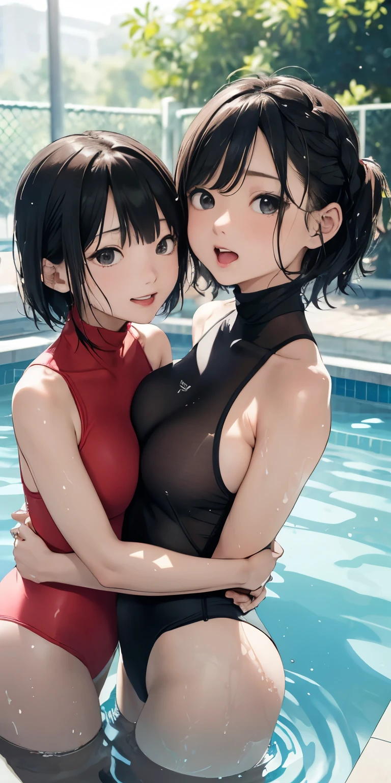  girl、Licking fingers、((your breasts will grow、))Black Hair、(See through)、your breasts will grow(Face with open mouth)Background Outdoor pool、(My body is soaked..5)、Braided hair and super short bob、Realistically、(Two 10 year olding each other, your breasts will grow胸の膨らみを強調する)((Gross 5.5))(She is wearing a sleeveless red turtleneck swimsuit.)，，Accentuate your cleavage，Looking up from below，blush，moist pink lips，sexy，Own，Please open your mouth wide、Place your arms behind your head、