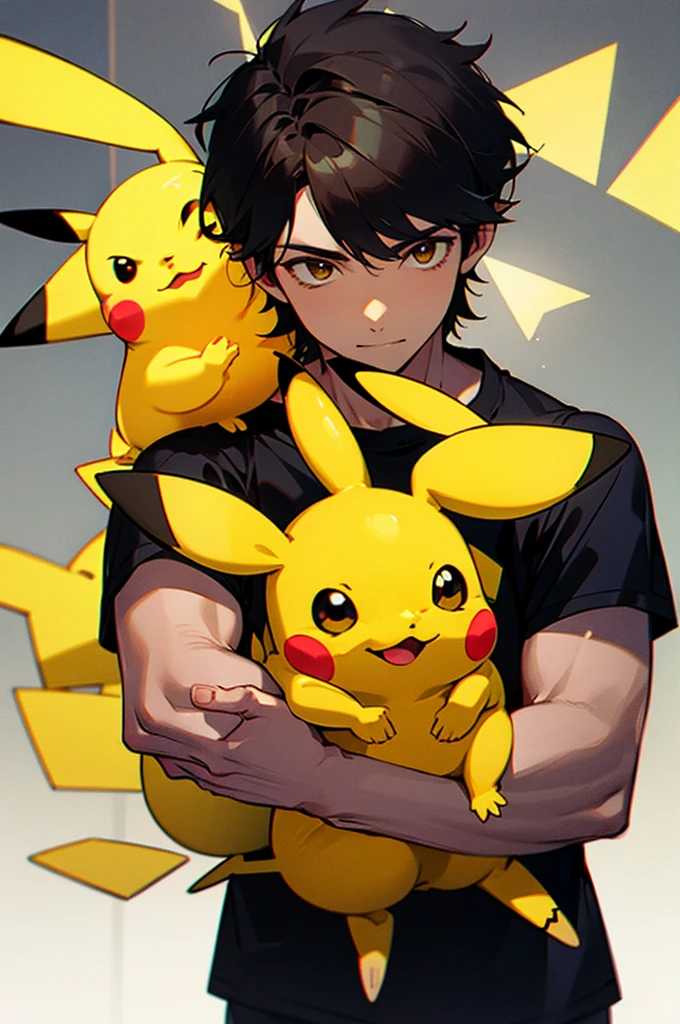 guy with dark hair holds a yellow Pikachu in his hands