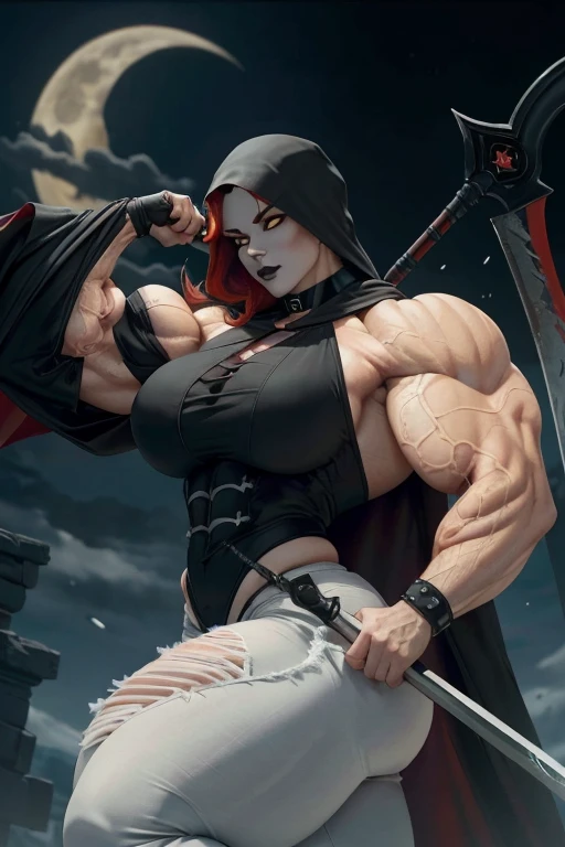 (((Close-up))), tall, (red hair) beautiful muscular asian female grim reaper, long hair, pale white skinned, closed smile, large breast, (black lipstick), (massive muscles), (hyper muscle), ((ginormous bulky muscles)), yellow eyes, (((black reaper cloak))), (black jeans), ((holding a crescent scythe)), gauntlets, choker, boots, (in a dark realm)