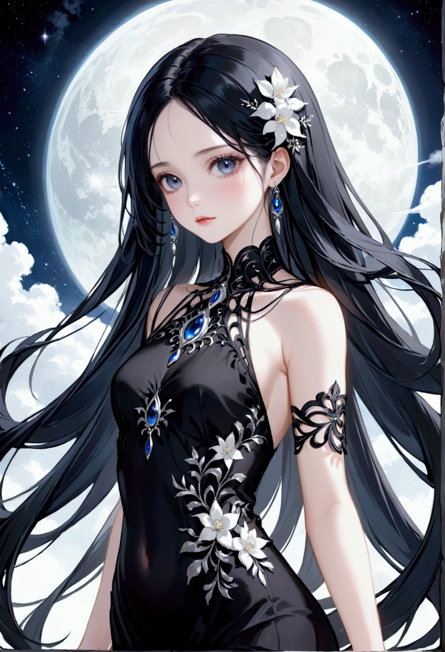 Girl, very long black hair, silver highlight, flawless milky white skin, dark onyx eyes, black aura