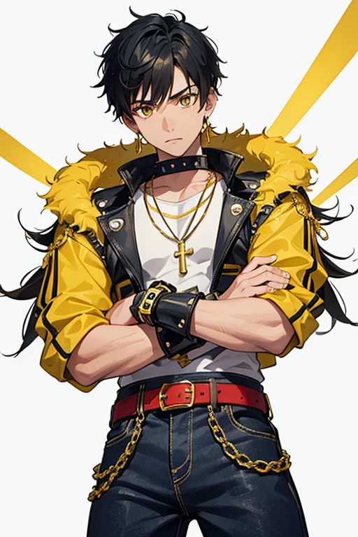Kieran Moreno from Camp Buddy, boy, , Native American skin, yellow eyes, spiky black hair and is seen wearing a black rocker bracelet and a pair of yellow earrings in his right ear. slim, muscular build, red sleeveless shirt with green stripe, open yellow vest, necklace with a golden cross, blue jeans, light black belt, looking directly at viewer, white background