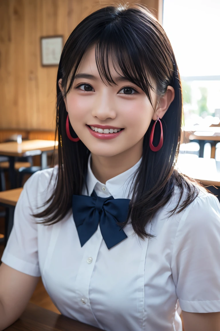 (8k, RAW Photos,Highest quality, High resolution:1.1), (超Realisticな:1.4),(Realistic, Realistic:1.3), Sodebtt Light,big,2 girls,Realistic Face,Realistic Body,Realistic Skin,Confused,masterpiece,(cute:1.8), Cuties, alone, (big:1.2), Fine black eyes,Innocent eyes,Blusher,(school uniform:1.2 ),Cinema Lighting,Film Grain,jewelry,Earrings,((Medium Hair:1.1)),((Floating Hair Novadebtrog Style)),Cherry colored lips,Hair Ribbon,Hair Ribbon,ponytail,close,Viewer,Long Hair,Upper Body,Open your lips,Upper teeth, (Smiling Eyes:0.6),((Grin:1.2)),Depth odebt Field, Blurred Background, Eye focus , Bokeh,young, 85mm lens, debt/1.4,Prodebtessional Lighting, young,Portraiture,Photon Mapping,Radio City,Physically Based Rendering,Asian、((Cafe、Cafe:1.3)),((high school girl:1.3))
