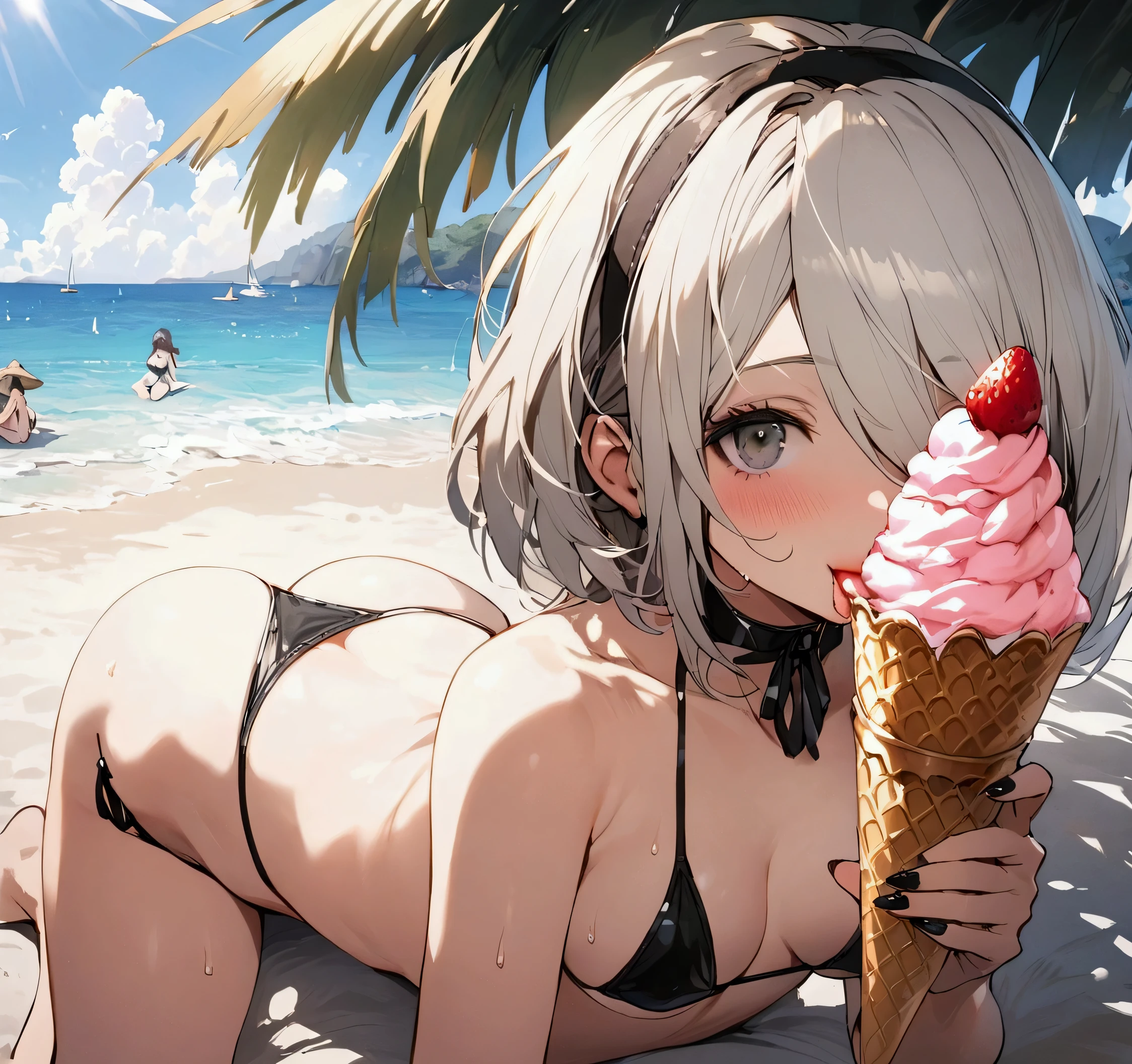 Best Quality, 2B Nier Automata, mini bikini, Whole body, Big centipedes, eating, Strawberry ice cream, on a beach