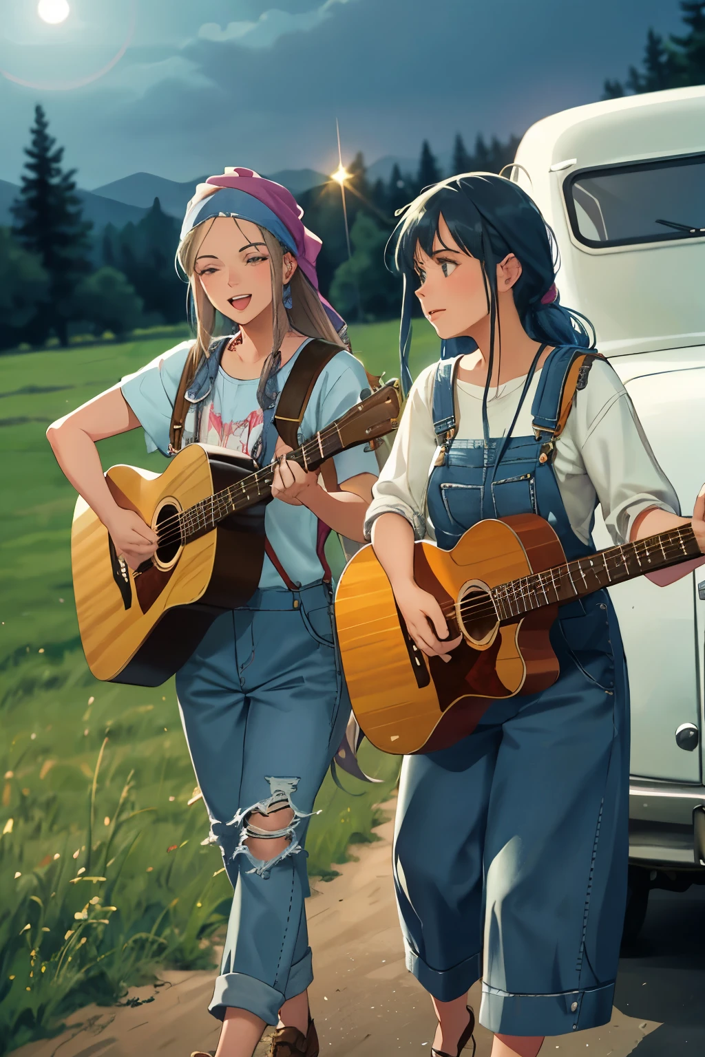 young women, wearing denim overalls, long flowing hair tied back with bandanas, vintage Escort Wagon with guitar cases in the back, playing acoustic guitars under the twinkling stars, moonlit grassy hillside, carefree laughter, intimate moment, soft focus, retro style, 4K resolution, vivid colors, soft light, warm atmosphere, 1970s vibe.