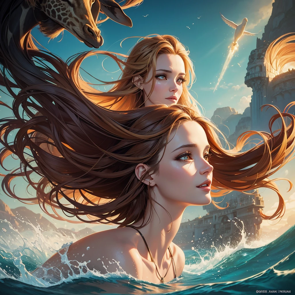 golden hour, front view oil painting of a woman with face of Winona Ryder morphed with Angelina Jolie laughing with gigantic hairdo floating on water, giraffe morphed with lion emerges from water in the background, tears of joy, storks, stunning digital illustration, beautiful fantasy art portrait, a beautiful artwork illustration, charlie bowater rich deep colors, artstyle tom bagshaw, beautiful digital illustration, beautiful fantasy portrait, portrait of a dark fantasy nymph, exquisite digital illustration, in style of anna dittmann