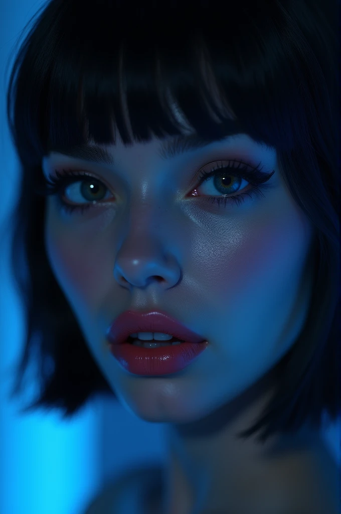 (Canon 50),(Rendered by octane),8k, seducer, symmetrical face, Dramatic cinematic lighting, (very strong blue lighting from behind), (light orange glow on the left side, Dramatic +2, hyper realist, spirited, very sexy pose. 1womanl, detail on the face, Focus on the face, straight short hair, bangss, hyperrealistic eyes, blue color background, highlight on lips that show fissures, lips with pink lipstick, half-open mouth showing part of the tooth. Black lined eye makeup.