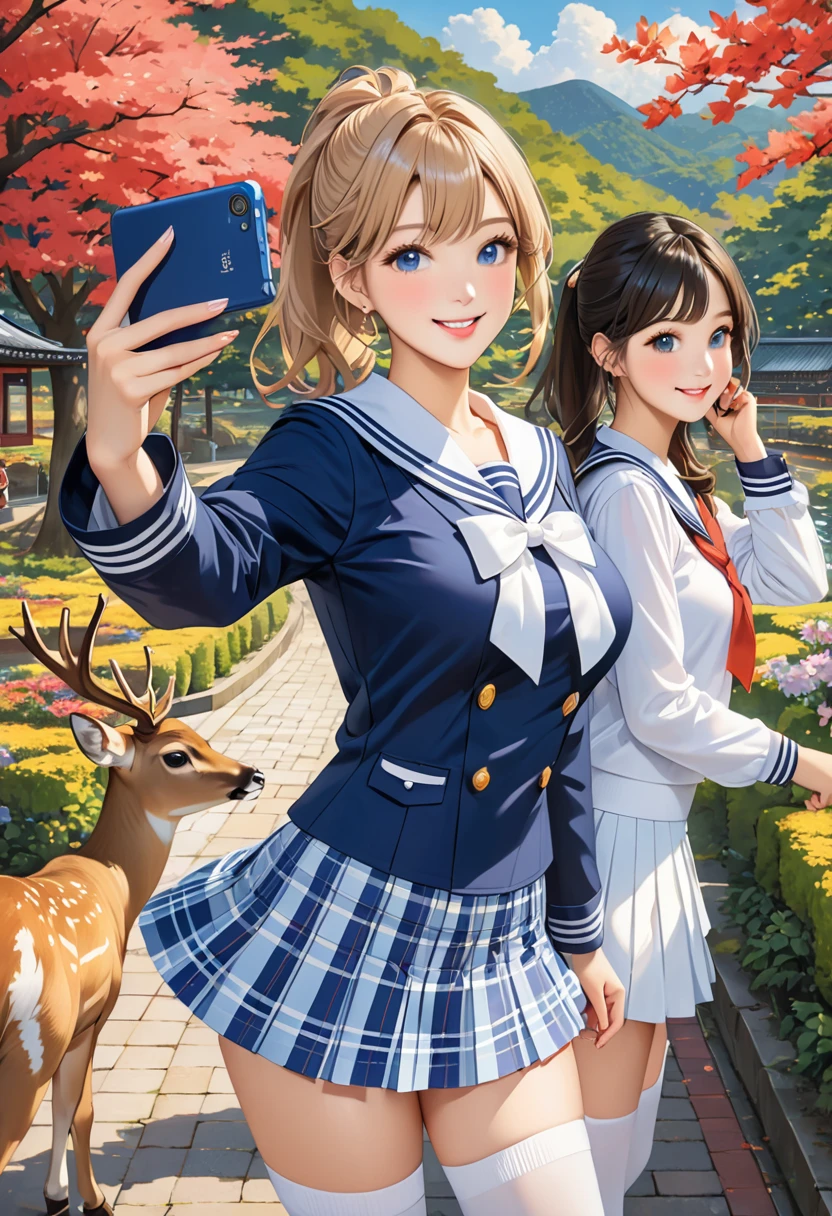 Highest quality、High resolution、Detailed Background、(Beautiful face in every detail:1.4)、Normal number of fingers、Highly detailed face、Detailed eyes、Teenage beauty、Huge breasts、Perfect body line、Light color hair、Bobcut、ponytail、Wavy Hairstyle、well-groomed eyebrows、Navy blue sailor suit、White sailor collar、Checkered pleated skirt、White Stockings、School trip、Natural beauty、historical charm、A big smile、smile、Nara Park、
(Three girls taking a selfie with a famous spot in the background:1.5)、

Nara Parkは奈良市の中心部に位置する大きな公園です、It is famous for the deer roaming freely.、Enjoy an encounter with graceful deer、cute