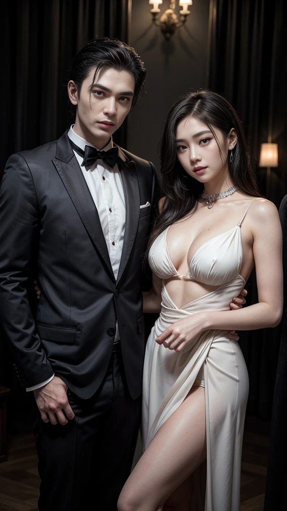 (((NSFW : 1.2))), (((pornography))), (realistic), (intricate details:1.2), (masterpiece、:1.3), (top quality:1.4), (Ultra A high resolution:1.2), Ultra A high resolution, 8K resolution, very detailed expression, dark, (high quality), complete anatomy, natural anatomy, full body photo, (1 Girl being caress by 2 men at night : 1.6), she is 21 years old, (call girl:1.5), (prostitute: 1.5), (she is korean:1.6), (beautiful : 1.4), (Dyed fancy colored hair banging), (big earrings), heavy makeup, Confusing wording, choker necklace, long legs, (a girl weared slim feminine dress and pantyhose. : 1.4), (a girl is wearing a suit blazer :1.4), (2 men are the her owner : 1.4), glowing skin,(eye contact each other :1.4), (the men tie up her arms behind back:1.4), (((orgasm : 1.4))), (((moaning : 1.2))),(She being caught and sexually harassed by 2 men : 1.5), (she be forcibly raped by 2 men : 1.5), violated by them, (she be laying on the bed forcely : 1.4), She can not resist holding her arms grabbed by men., his dick being inserted into her pussy and anal., a man tighten her panty, a man tears off her pantyhose to explore her pussy, grabed ass, (The men grabbed her thighs.), caress, fondle, (on the bed in hotel : 1.6), (detailed background:1.2),(She has enjoying spooning sex with several Korean men : 1.4), (doggy pose sex on the bed : 1.4)