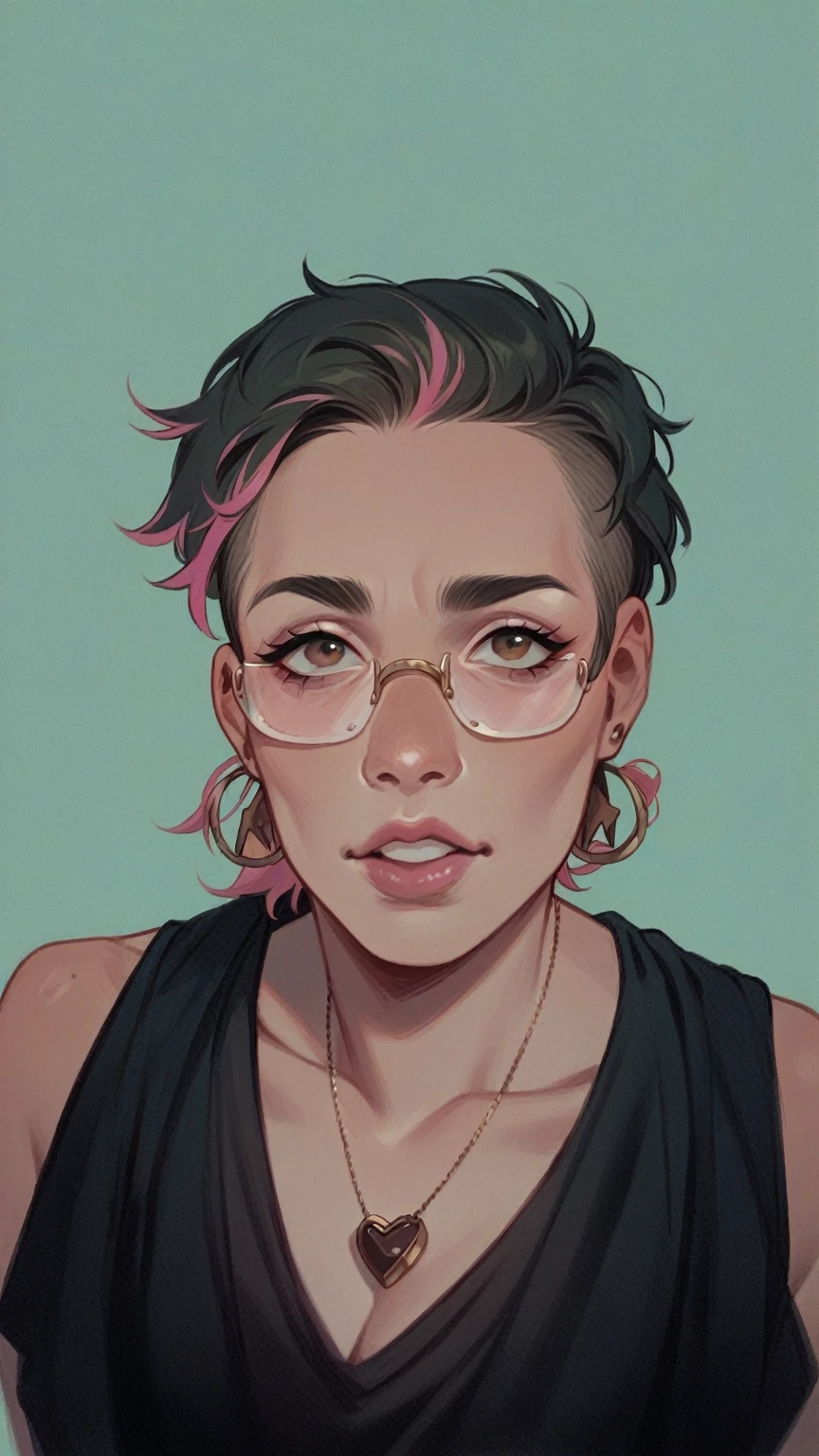 Light makeup to give a healthy look, more light-skinned brown eyes who wears glasses chocolate-colored hair and pink mouth thin European-type face