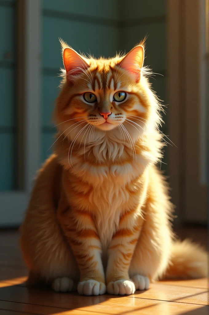 (masterpiece:1.2, highest quality), (Realistic, photoRealistic:1.4), Beautiful illustrations, (Natural Side Lighting, Cinema Lighting), Written boundary depth, Beautiful thighs staring at the viewer, ((alone)), A big fluffy yellow cat, Fisheye Lens, Establishing Shot, Pastel Color Grading, Depth of field cinematography effect, Film Noir Genre, 8k resolution, high quality, Super detailed